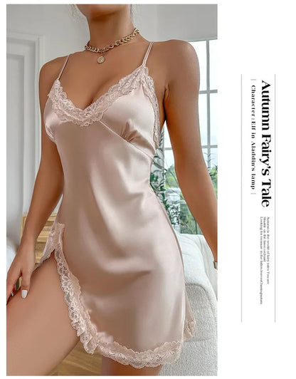 Lace Trim Leopard Nightdress V Neck Backless Side Split Slip Sleep Dress Women's Sleepwear Dresses