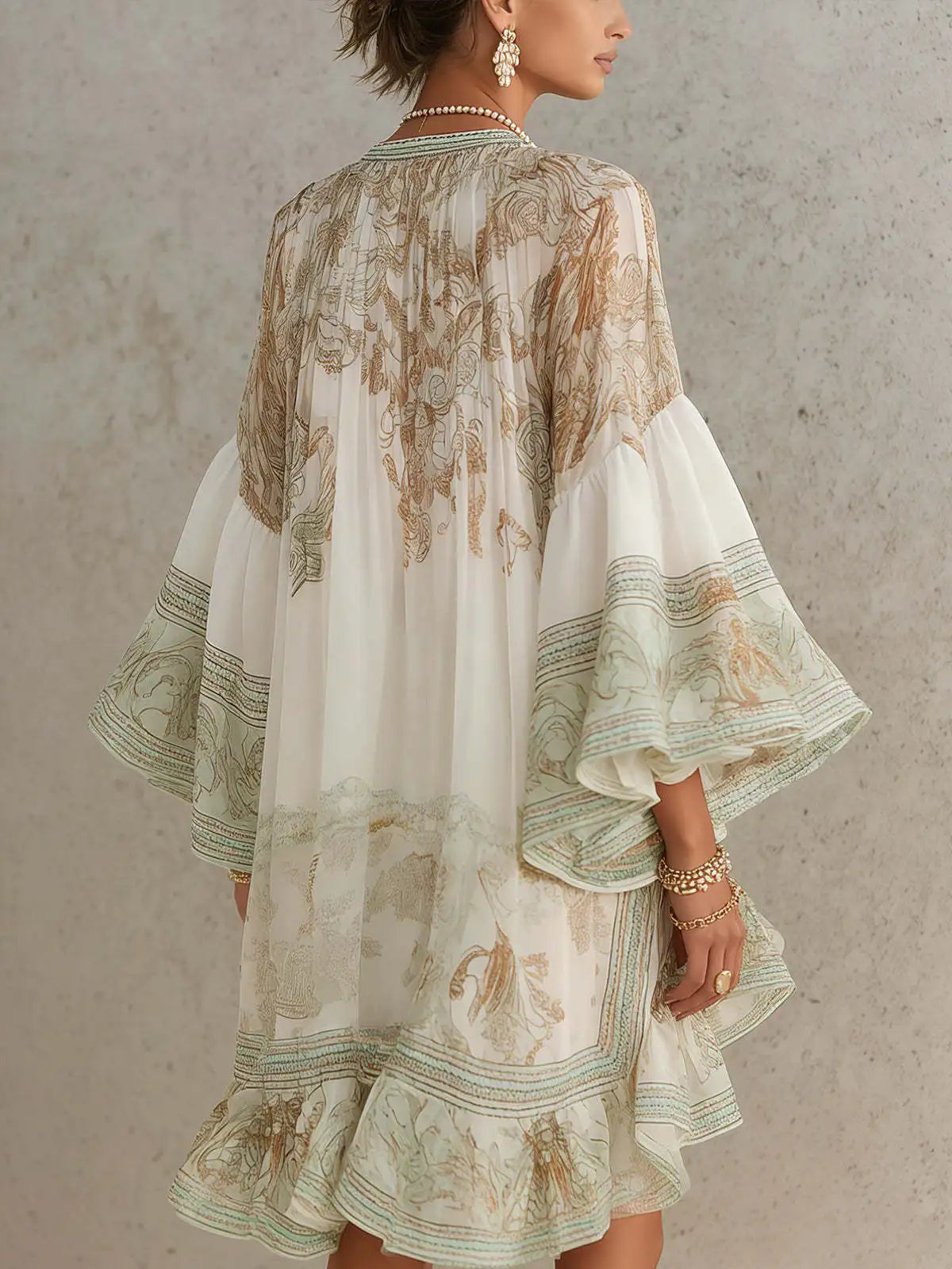 2026 New European and American Style Printed Lotus Leaf Hem Dress for Women, Vacation-Inspired, Loose Fit, Flowing, Stylish Shor