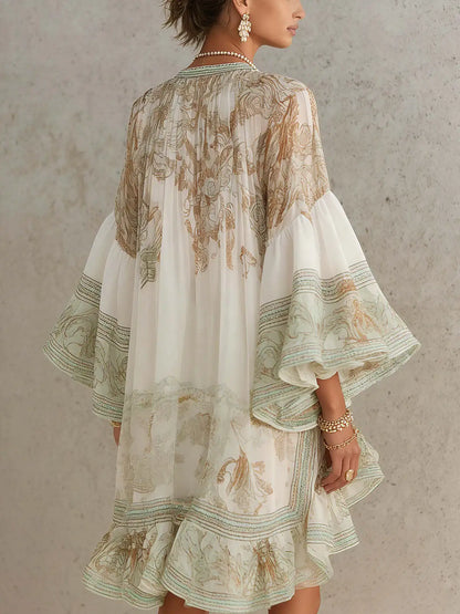 2026 New European and American Style Printed Lotus Leaf Hem Dress for Women, Vacation-Inspired, Loose Fit, Flowing, Stylish Shor