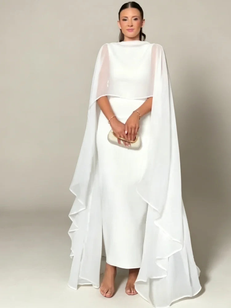 Sheer Cape Round Neck Maxi Dress For Woman Open Back Solid Plain Design Skirt Elegant Wedding Formal Evening Female Long Robes