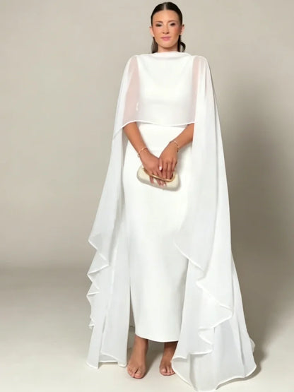Sheer Cape Round Neck Maxi Dress For Woman Open Back Solid Plain Design Skirt Elegant Wedding Formal Evening Female Long Robes
