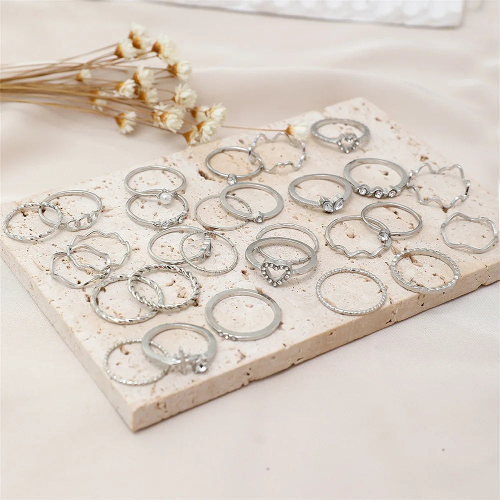 28Pcs Fashion Geometric Knuckle Rings Set For Women Crystal Heart Gold Silver Color Rings Girls  Party Jewelry Accessories