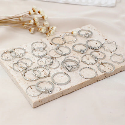 28Pcs Fashion Geometric Knuckle Rings Set For Women Crystal Heart Gold Silver Color Rings Girls  Party Jewelry Accessories