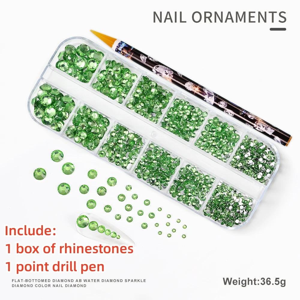 12Gird 3D Glass AB Crystal Nail Art Rhinestones Kit Flatback Round Bead Charm Gem Stones Jewelry Diamond with Tools for Nail Art