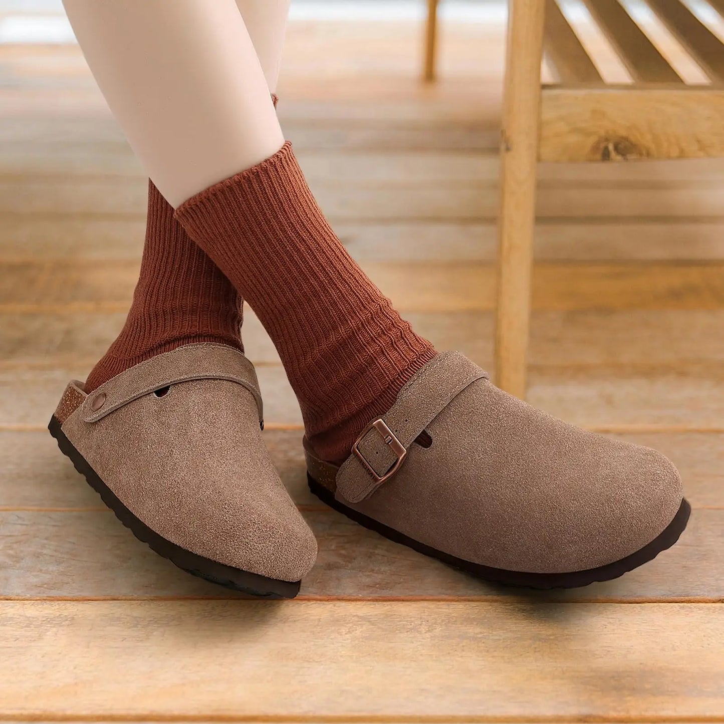 Litfun New Fashion Women's Clogs with Adjustable Strap Cork Footbed Leather Mules with Arch Support Unisex Outdoor Potato Shoes