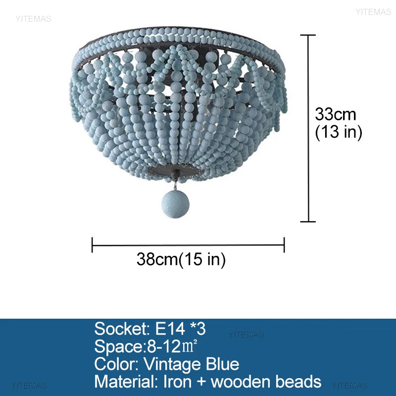 Blue Grey Wooden Beads 8 Lights Chandeliers For Foyers Vintage White Chandelier Lighting Bedroom Living Room Boho Pendant Light