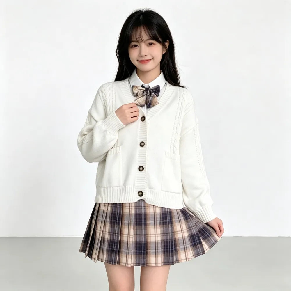 School Autumn Winter Lazy Style Japanese JK Knit Cardigan Loose College Sweater Plaid Skirt Matching Set For Campus Daily Class