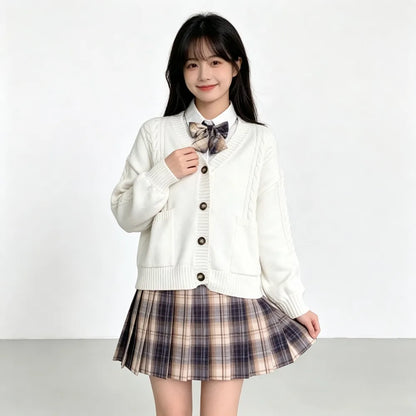 School Autumn Winter Lazy Style Japanese JK Knit Cardigan Loose College Sweater Plaid Skirt Matching Set For Campus Daily Class