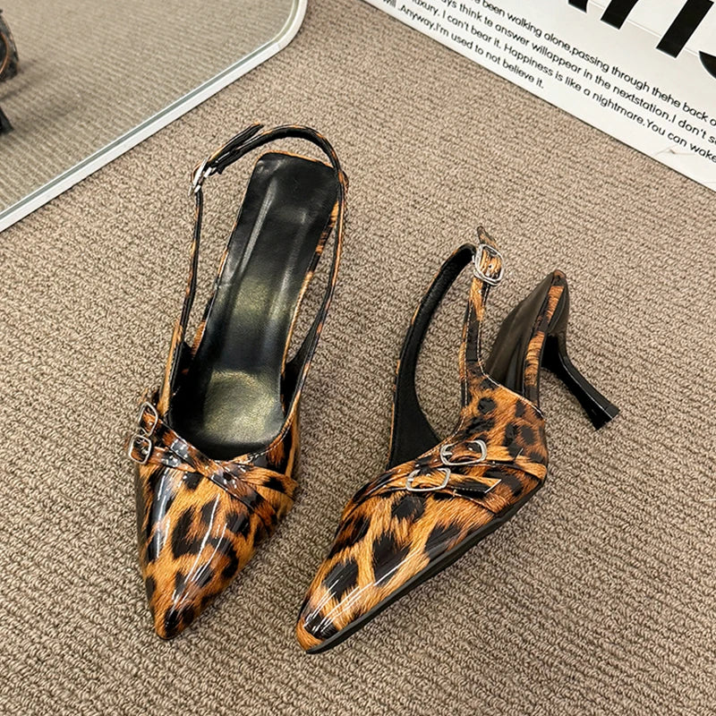 Women's Sandals Leopard Sexy High Heels Shoes Pointed Toe Luxury Pumps Slippers Woman Brand Dress Buckle Ladies De Flip Flops
