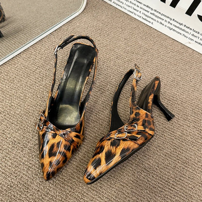 Women's Sandals Leopard Sexy High Heels Shoes Pointed Toe Luxury Pumps Slippers Woman Brand Dress Buckle Ladies De Flip Flops