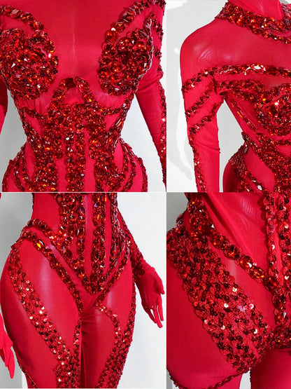 Sexy See-through Glitter Red Crystal Fringe Bodysuit High Elasticity Drag Queen Costume Festivals Outfit NightClub Dance Outfits