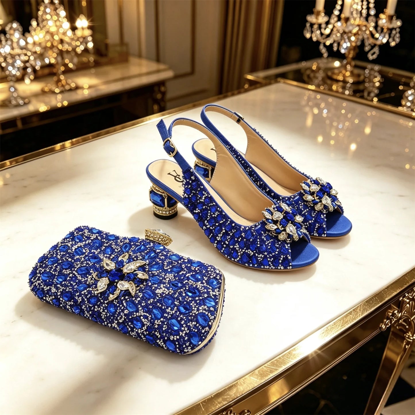 Women's Royal Blue Rhinestone Slingback Heels with Matching Clutch Bag Set Low Heel 3CM for Wedding Bridesmaid Evening Party