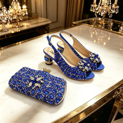 Women's Royal Blue Rhinestone Slingback Heels with Matching Clutch Bag Set Low Heel 3CM for Wedding Bridesmaid Evening Party