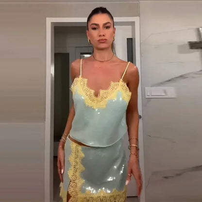 Sequined Lace Trim Patchwork Mini Skirt Sets V-neck Backless Spaghetti Strap Tops Split Skirt Suit 2026 Lady Summer Party Set