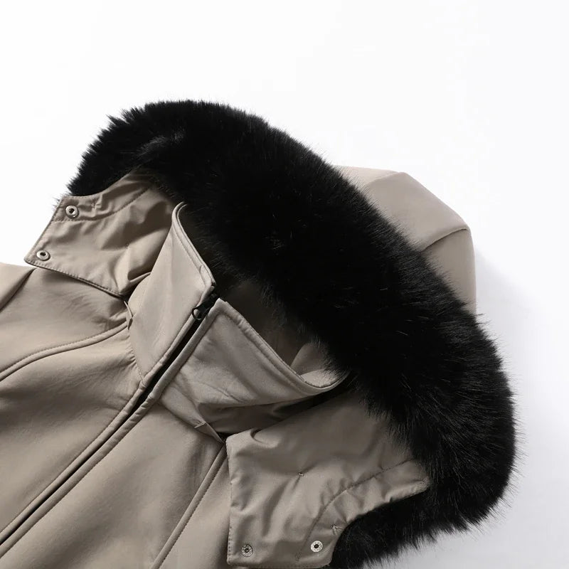 Thicken One-piece Ski Suit Women Faux Fur Hooded Tassels Coat High Waist Belt Jumpsuit 2025 Winter Windproof Waterproof Skiwears