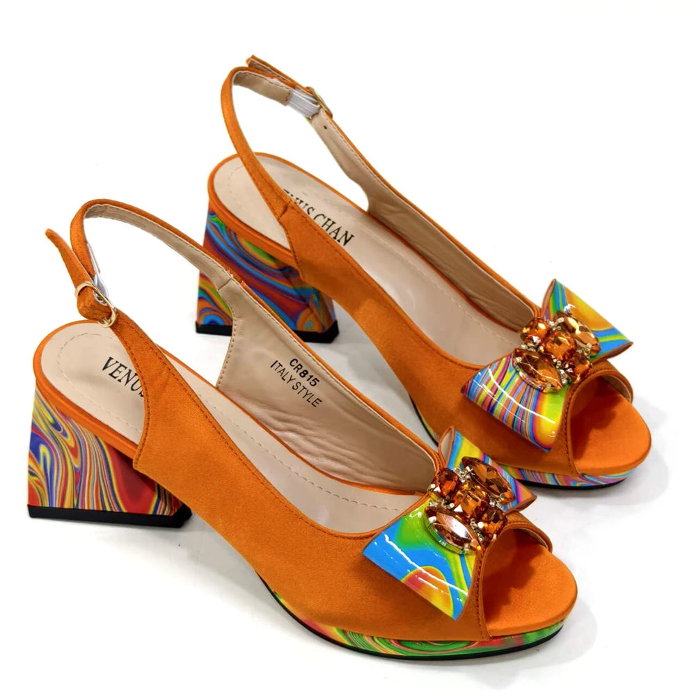 Venus Chan 2024 Fashion Purple Color Painted Rhinestones Elegant Peep Toe Sandals Shoes and Bag Set Italian Heels for Womens