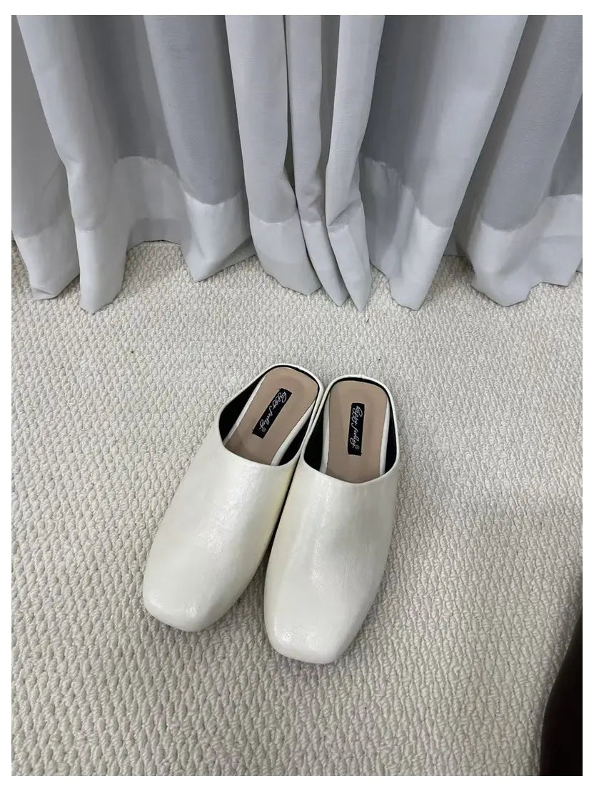Fashion Square Toe Flat Slippers Women Casual Slip On Mule Luxury Brand Outsides Slides Elegant Pleated Ladies Shoes Sandal Flip