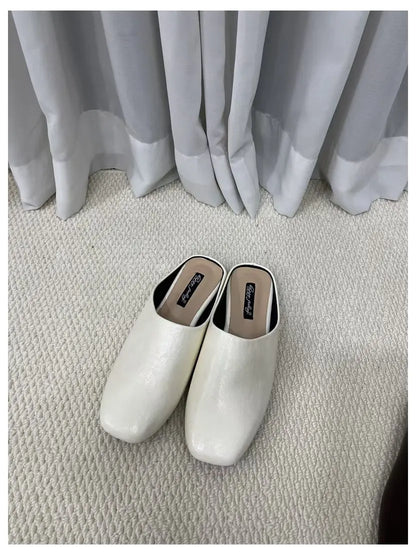 Fashion Square Toe Flat Slippers Women Casual Slip On Mule Luxury Brand Outsides Slides Elegant Pleated Ladies Shoes Sandal Flip