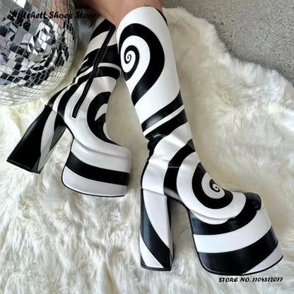 Patchwork Geometric Platform Knee Boots 2025 Spring Autumn Women's Height Increasing Shoes Round Toe Chunky Heel Western Boots