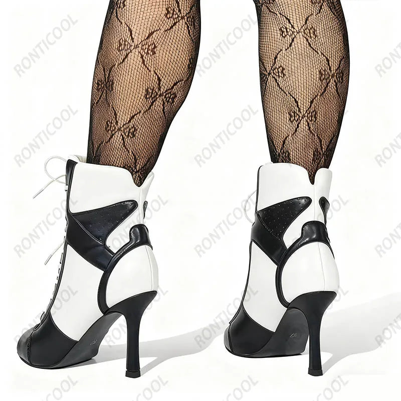 Ronticool Handmade Peep Toe Ankle Boots - Black and White Leather High Heel Shoes with Lace Up Design Size 36-43