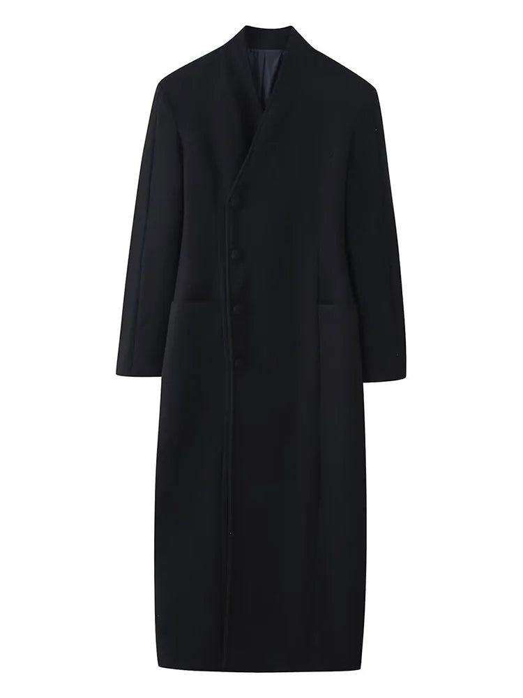 HH Woman Winter Fashion Single-breasted Long Sleeves Waist Long Coat Female Stand-up Collar Pockets Warm Solid Woolen Coat