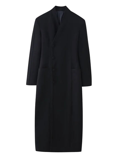 HH Woman Winter Fashion Single-breasted Long Sleeves Waist Long Coat Female Stand-up Collar Pockets Warm Solid Woolen Coat