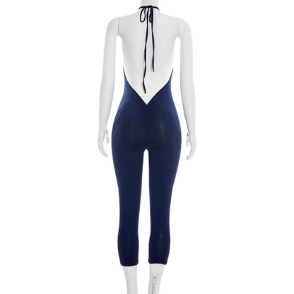 FLARORA Sexy Halter Backless Skinny Jumpsuits Woman Solid Color Slim Fit Capri Jumpsuit Hottie Midnight Street Clubwear Overalls