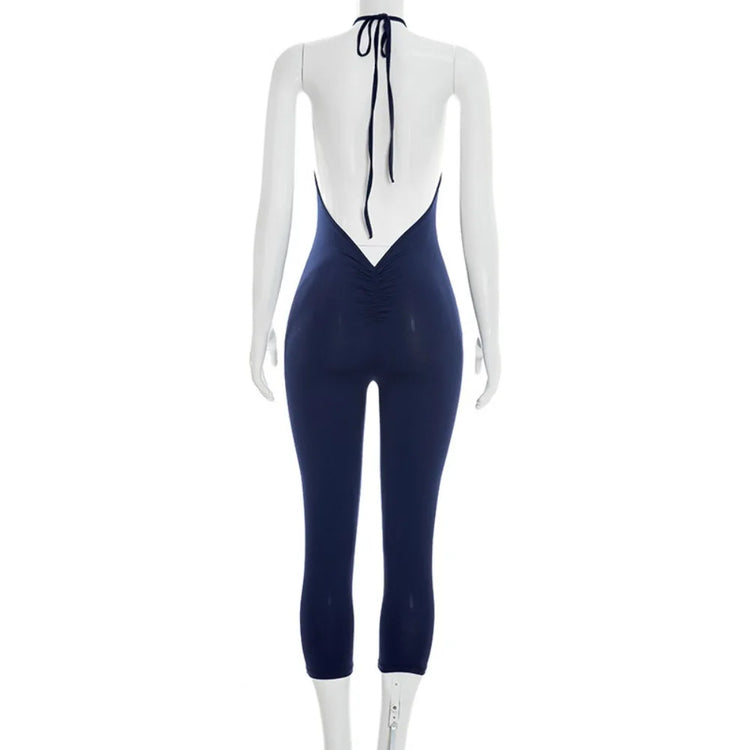 FLARORA Sexy Halter Backless Skinny Jumpsuits Woman Solid Color Slim Fit Capri Jumpsuit Hottie Midnight Street Clubwear Overalls
