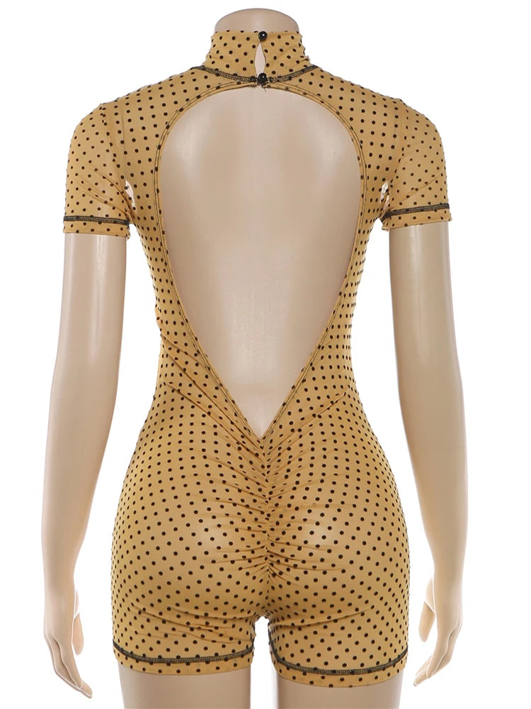 Weird Puss Polka Dot Print Rompers Woman Turtleneck Short Sleeve Backless Skinny Peach Hip Hot Girl Street Sexy Fashion Playsuit