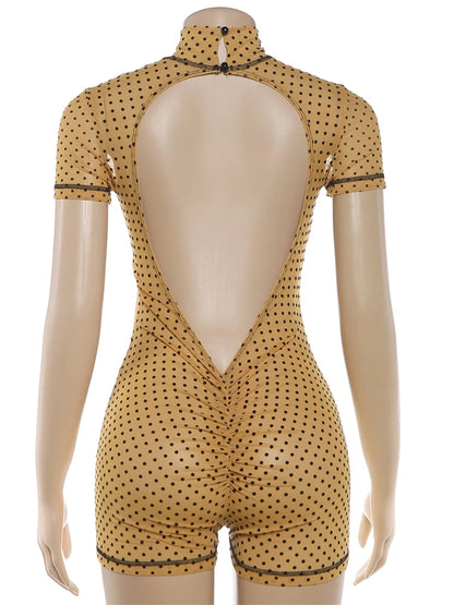 Weird Puss Polka Dot Print Rompers Woman Turtleneck Short Sleeve Backless Skinny Peach Hip Hot Girl Street Sexy Fashion Playsuit