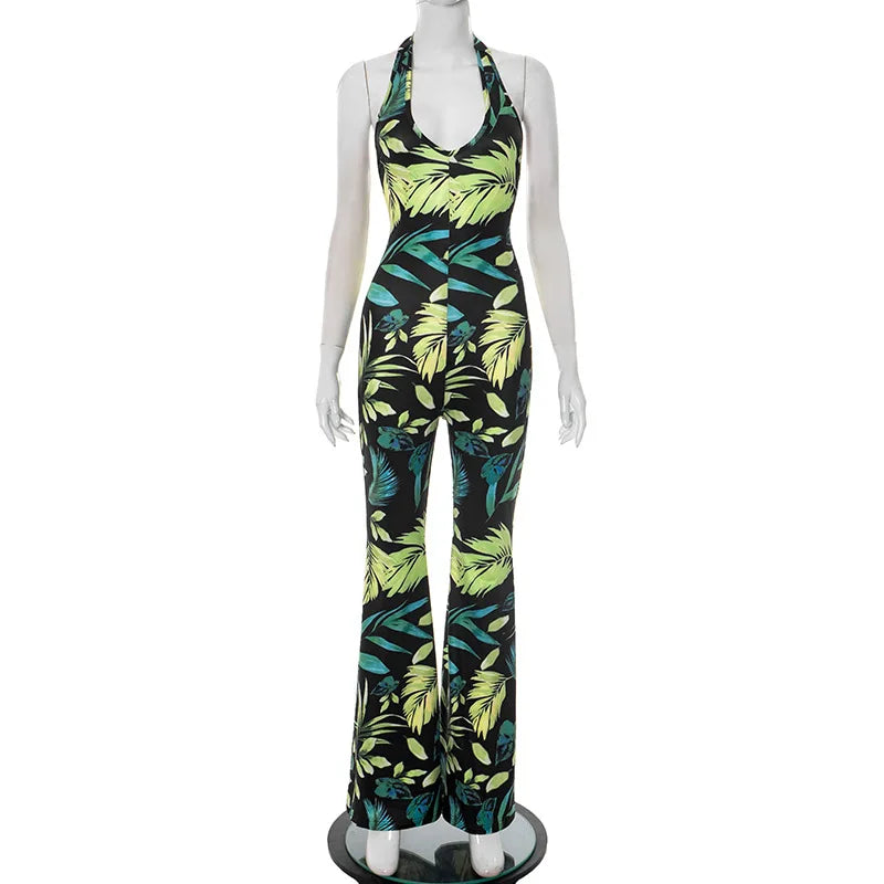 Summer Beach Style Leaves Print Jumpsuit Women Halter Lace-Up Backless Slim Stretchy Wide Legs Holiday Rompers Sleeveless 64025