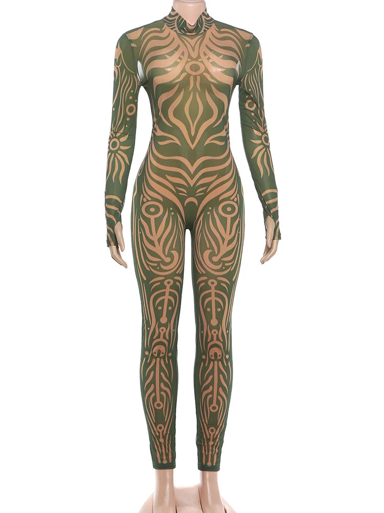 Weird Puss Sexy Striped Print Jumpsuits Women Wild Style Turtleneck Full Sleeve Midnight Party Club Stretch Streetwear Overalls