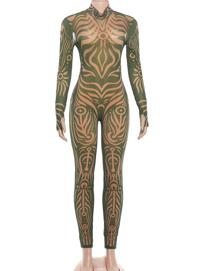 Weird Puss Sexy Striped Print Jumpsuits Women Wild Style Turtleneck Full Sleeve Midnight Party Club Stretch Streetwear Overalls