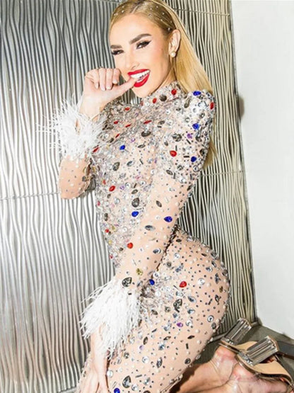 Long-Sleeved Sparkling Rhinestone Long Dress Celebrates Birthday Luxurious Party Dress Wedding Dress Formal Party Dress
