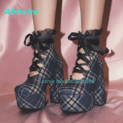 Blue Black Plaid Ankle Boots Platform Lace-Up Hollow Out chunky heels women's boots Sweet Cool Gothic Y2K Daily Wear Shoes