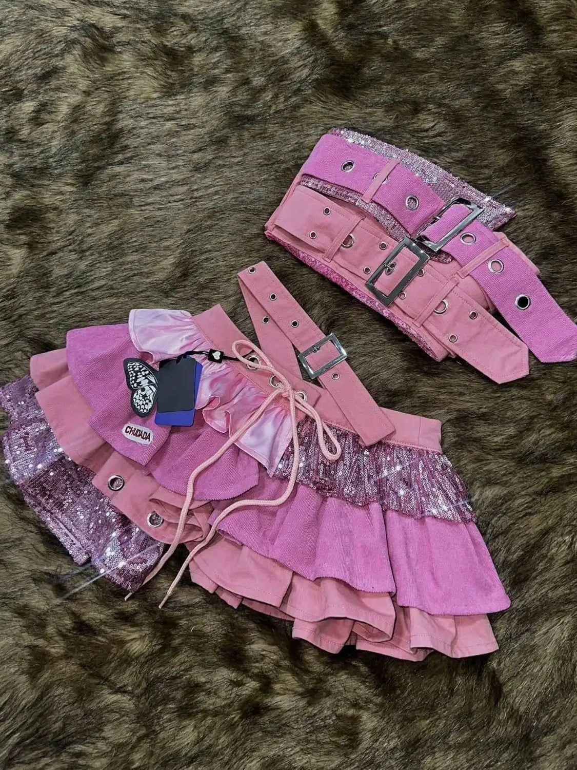Y2K Style  Low Waist  Patchwork Sleeveless Halter Top Irregular pink Half Skirt Sexy Short Skirt kpop dance Outfit Lolita Set