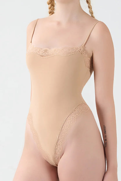 New Women's Sexy Square Neck Lace Panel Bodysuit Sleeveless Spaghetti Strap Jumpsuit Solid Color Slim Bodycon Rompers Tank Tops