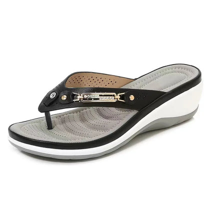 2023 Women's Slippers Summer New Fashion Metal Button Slides Shoes Wedge Beach Sandals Women Outside Platform Leisure Flip Flops
