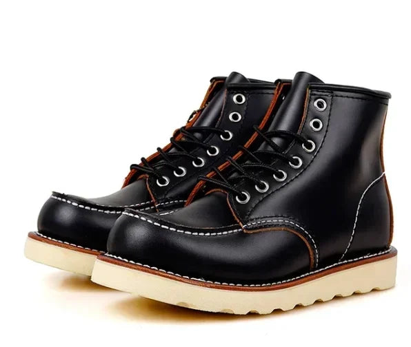 Men's Goodyear-Welted Vintage Genuine Leather Mid-calf Motorcycle Boots Round toe Casual Punk Dress Boots Work Shoes Western Red