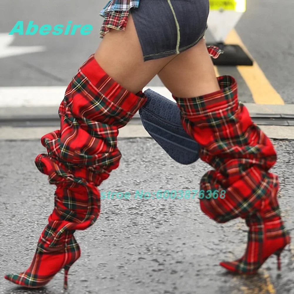 Red Check Patchwork Over Knee Boots Pleated Pointed Toe Thin Heels Shoes for Women Spicy Girls Y2K Street Style Fashion Shoes
