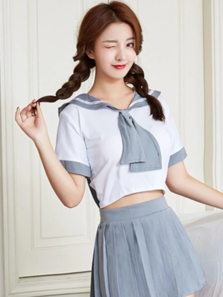 Hot Sailor Uniform Lingerie Sheer Mesh Crop Top Plaid Mini Skirt Cosplay Costume Erotic School Girl Outfit Halloween Fancy Dress