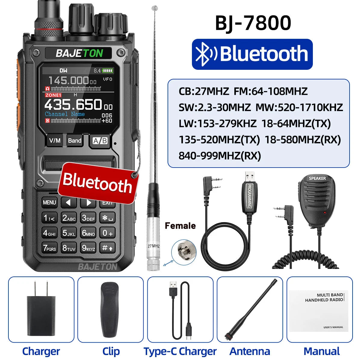 BAJETON BJ-7800 Walkie Talkie Long Range SW MW LW AM SSB CB 10W Receive Wireless Bluetooth Phone Programming Ham Radio RT-920