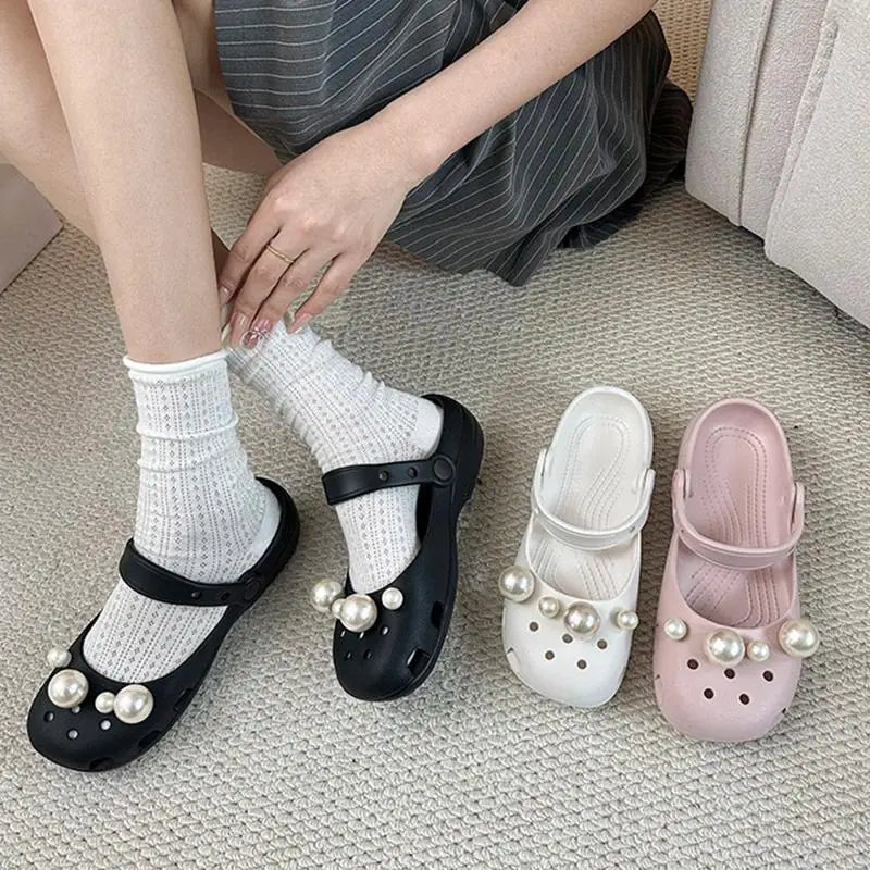 Luxury Pearl Shoes Charms Set DIY Ballet Clogs Women Summer 2026 Fashion Leopard Print EVA Beach Slippers Woman's Jelly Shoes