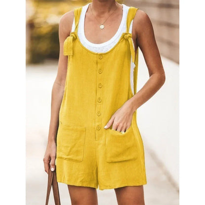 Summer Women's Solid Color Patch Pocket Tied Cotton Linen Suspender Pants Casual Classic Style High Waist Wide Leg