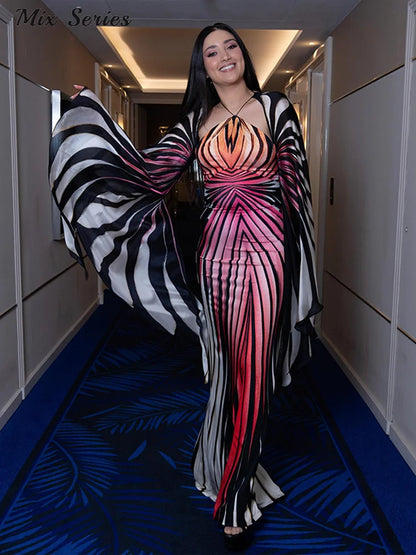 Chic Gradient Stripe Halter Dress Women Butterfly Sleeve Backless Slim Floor-length Dresses 2026 New Lady Party Evening Gown ﻿