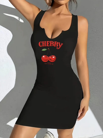 2026 Casual Sexy Cherry Print Round Neck Vest Dress, Spring and Summer Casual Sleeveless Tight Fitting Dress, Women's Dress