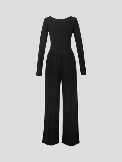 Autumn New Arrivals: Women's Black Long-Sleeved Square Neck Jumpsuit   Casual Long-Sleeved Relaxed Wide-Leg Jumpsuit