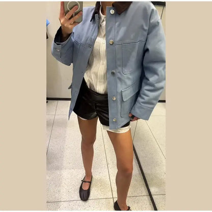 Faux Leather Bomber Jacket Oversized Collared Long Sleeve 2026 Spring Edgy Women Faux Leather Coat Fashion  Bold Lady Outerwear