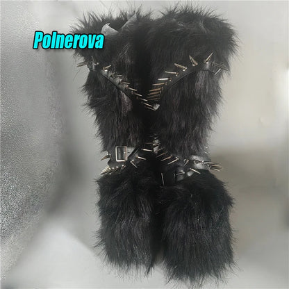 Black Fur Platform Knee High Boots for Women Punk Rivet Belt Buckle Strap Snow Boots Winter Warm Fashion Y2K Girl Shoes Big Size