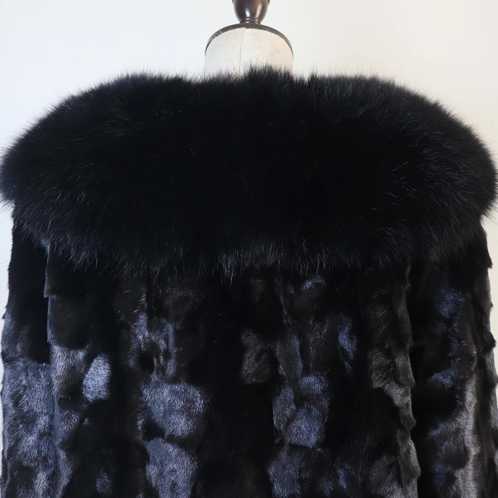 Women's Winter Real Mink Fur Coat with Fox Fur Collar 100% Natural Thick Warm Genuine Jacket Ladies' Outerwear